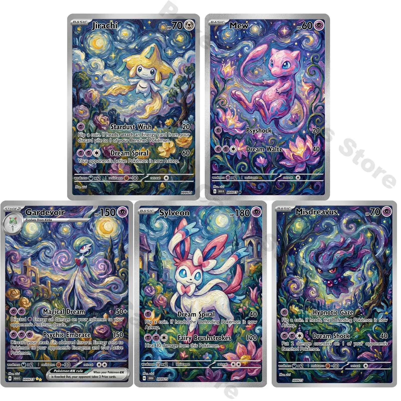 PTCG Cards PTCG Oil Painting Style Jirachi Mew Gardevoir Sylveon Misdreavus Collection Cards Rare Cards Set PTCG Gift