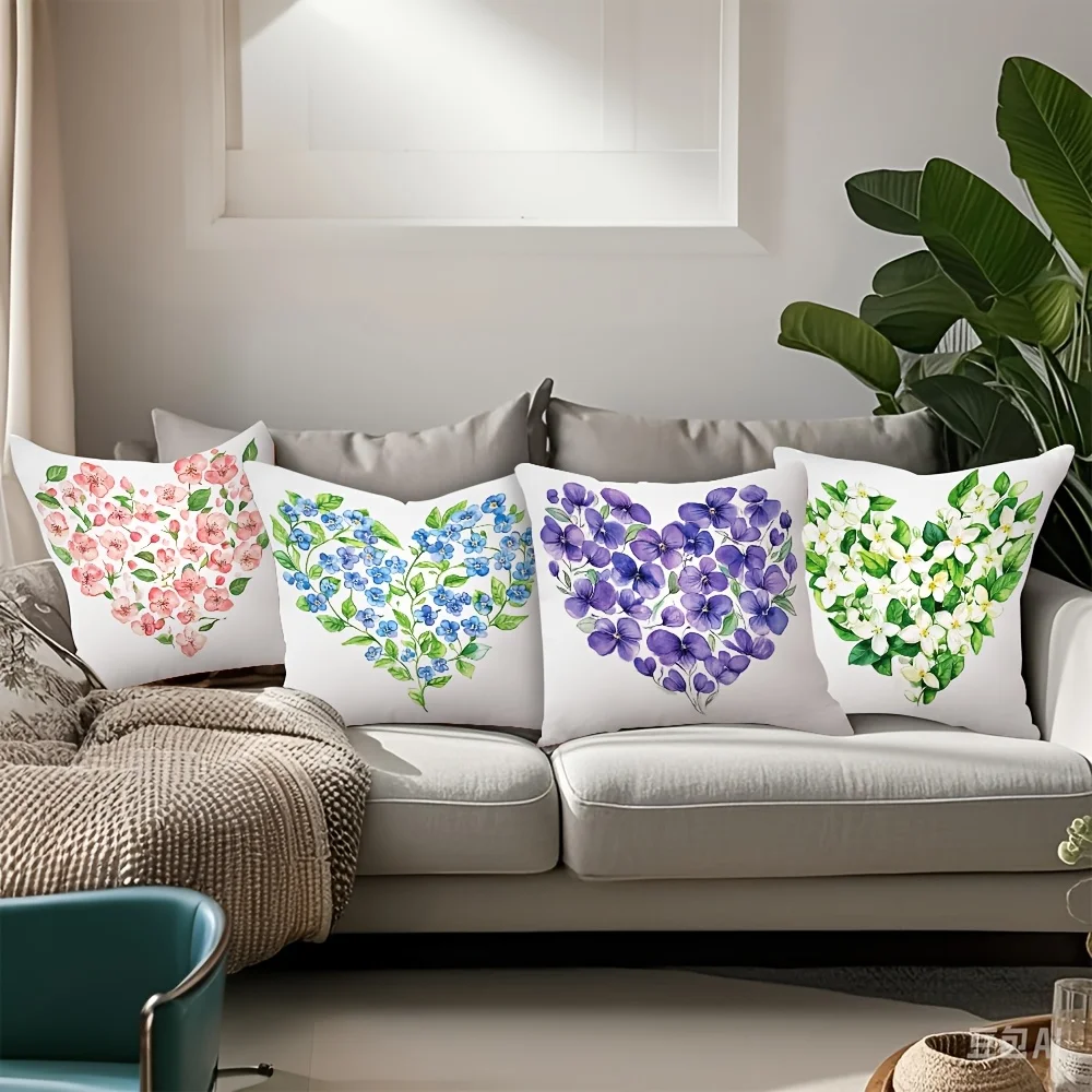 4pcs Spring Summer Floral Heart Print Pillowcases - Pink Blue Purple White Flowers, Contemporary Romantic Style, Soft Light Beig