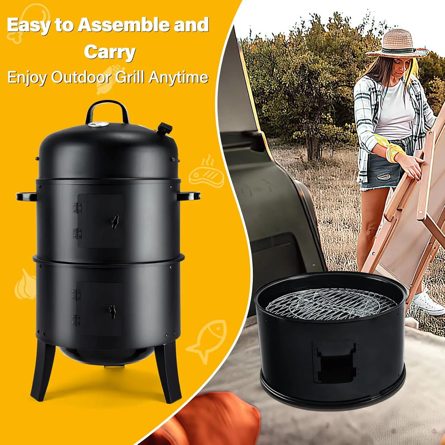 Vertical Charcoal Smoker Grill, Heavy-Duty BBQ Grill with Built-in Thermometer, 3 in 1 Grill and Smoker,  for Outdoor Barbecue