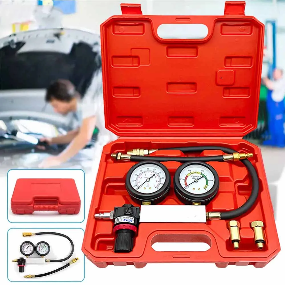 TU-21 Cylinder Leak Tester Compression Leakage Detector Set Double Gauge Petrol Engine Leakdown Detection Tools with Red Case