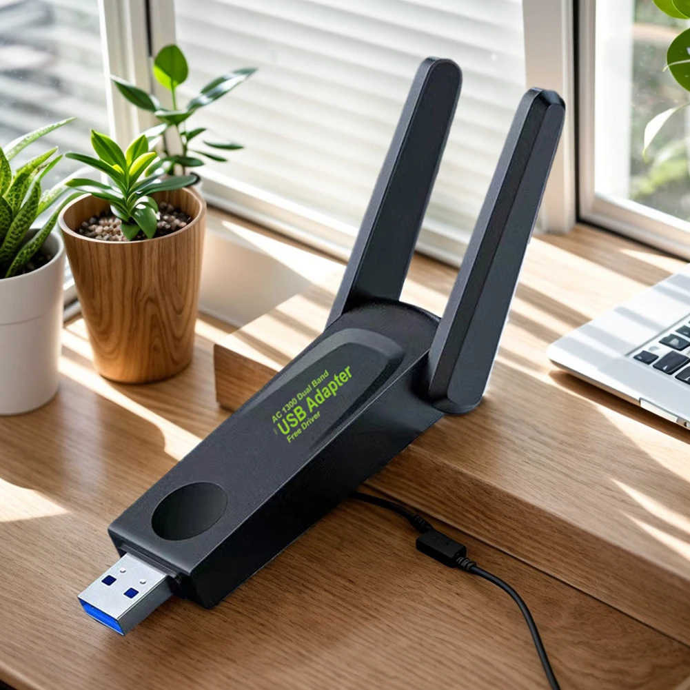 Adapter WiFi Dual Band 1300Mbps USB 3.0, penerima WiFi nirkabel 2.4G 5Ghz, antena ganda Gain tinggi 802.11ac untuk Laptop PC Win 10/11