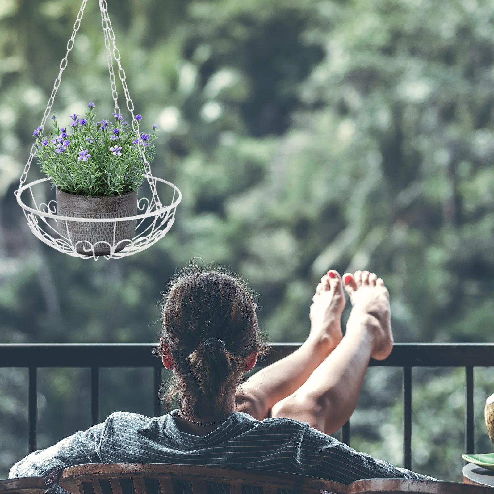 

1pc Outdoor Iron Hanging Flower Basket Thickened Metal Plant Holder For Garden Balcony Home Decor Flowerpot White