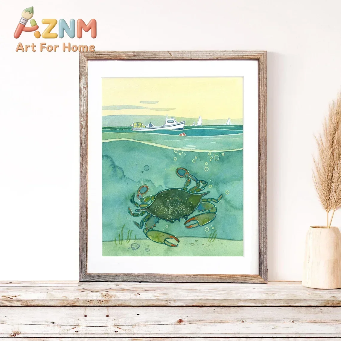 AZNM Underwater Crab Ocean Watercolor Canvas Wall Art Sea Crab With Fishing Boat Scenery Frameless Print Poster for Coastal Home
