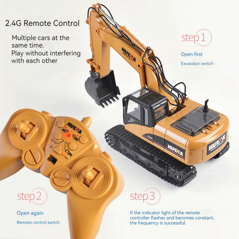 Huina 15-Channel Semi-Alloy Toy Remote Control Electric Excavator Engineering Car With Gripper Drill High Quality Children'S Toy