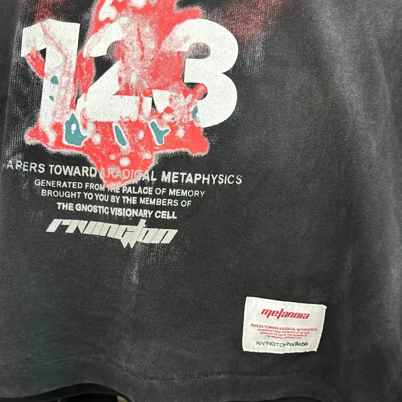 RRR-123 Black Washed Tshirts Red Lava Print Pattern Men Women Short Sleeves