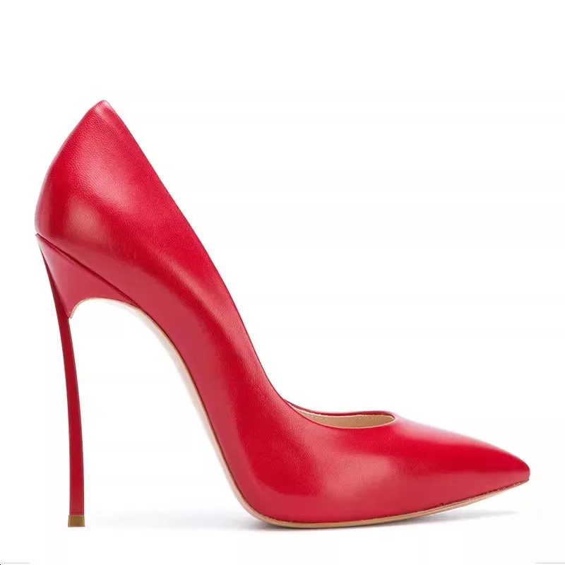 Metal stiletto heels spring and summer new pointed toe shallow leather shoes banquet dress large size small size women's shoes