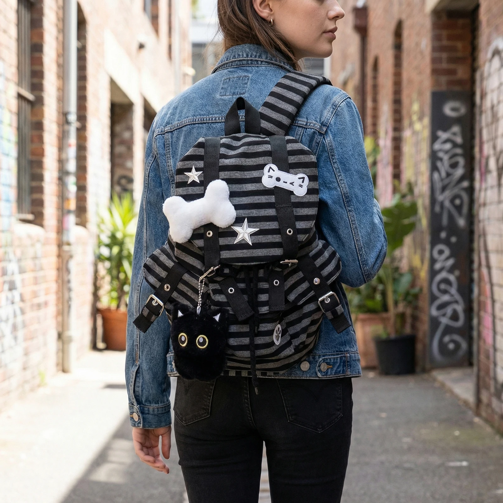 

Vintage Striped Backpack Women Men Large Capacity Versatile Bag Multi-Pocket Cute Cat Rucksack Outdoor Travel Commute Backpacks