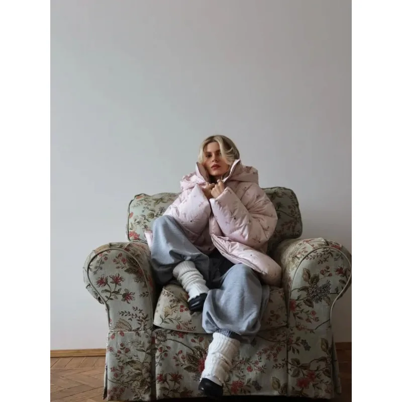 

Fashion Flower Print Quilted Jacket With Hood For Women Oversized Long Sleeve Zipper Pockets Coat Lady Winter Outerwear