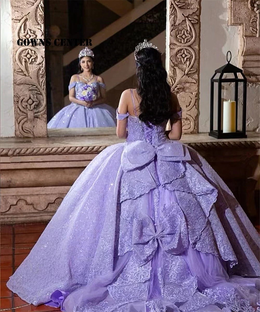 Vestido de baile Quinceanera com arco, Vestido de princesa com renda lavanda, Laço lavanda, ombro, doce, 15, 16