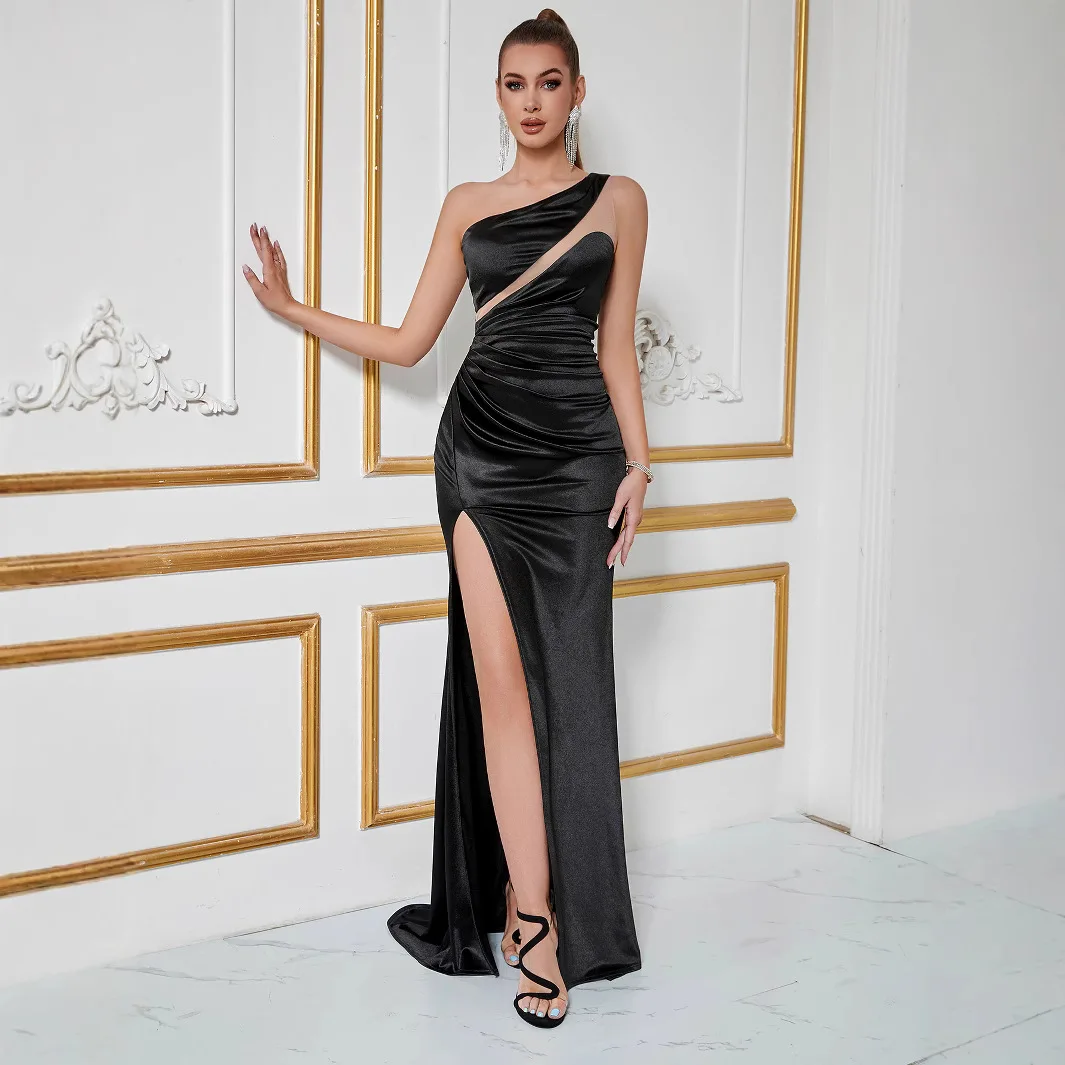 Novo feminino único oule plissado cintura cinching split design dr par vestido de noite ele fino ajuste meados de cintura design