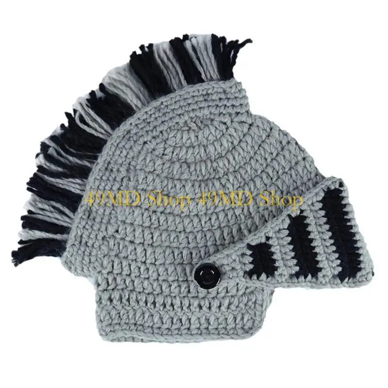 49MD Funny Knit Roman Knight Helmet Hat Tassel Barbarian Earflap Skull Cap with Mask
