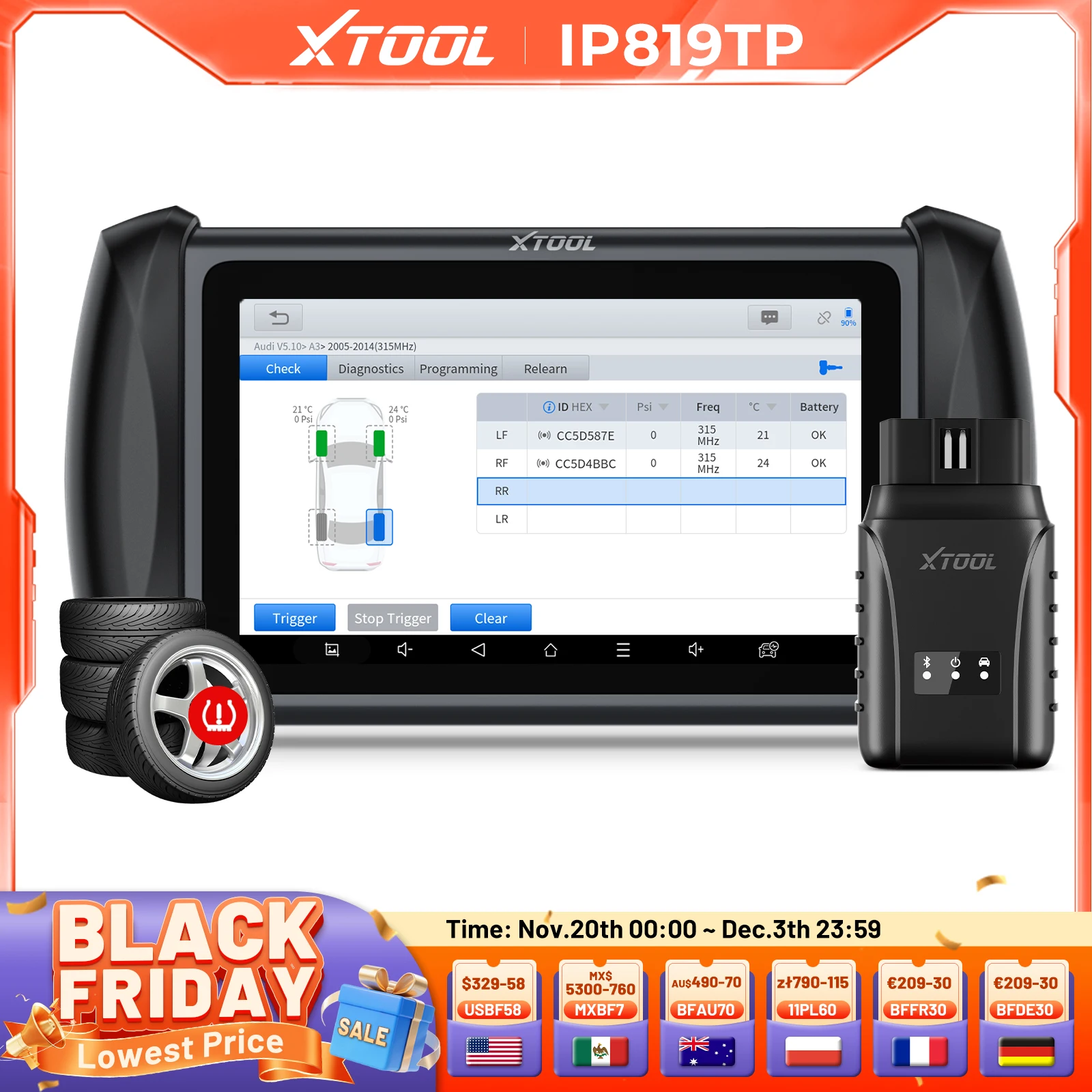 

XTOOL InPlus IP819TP TPMS Programming ECU Coding Bluetooth Car Diagnostic Tool 39+ Services Program TS100-Sensor Built-in CANFD