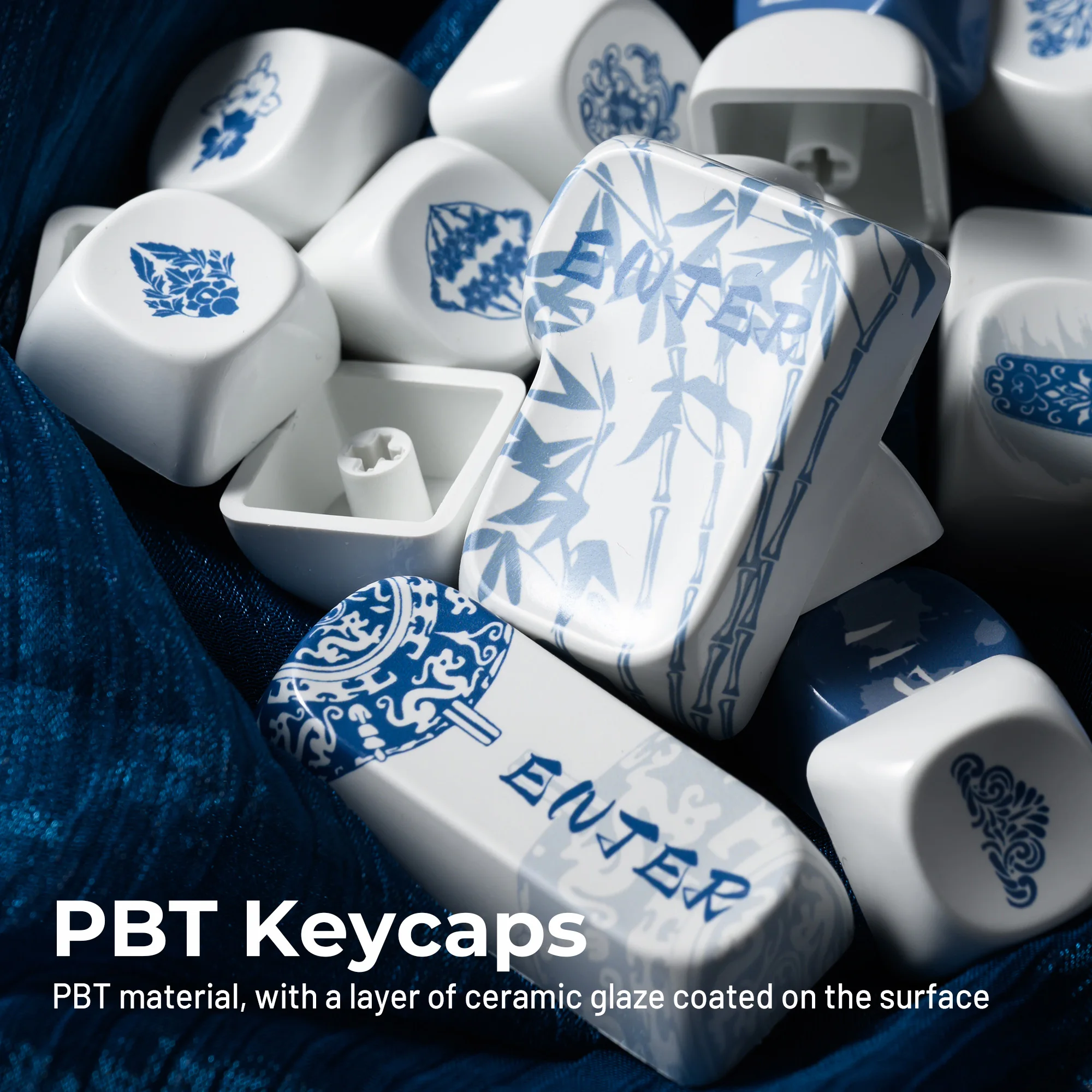 XVX Chinese Style PBT Ceramic Keycaps 5 Side Dey Sublimation 140 Keys MOA Profile White and Blue Smooth Keycaps