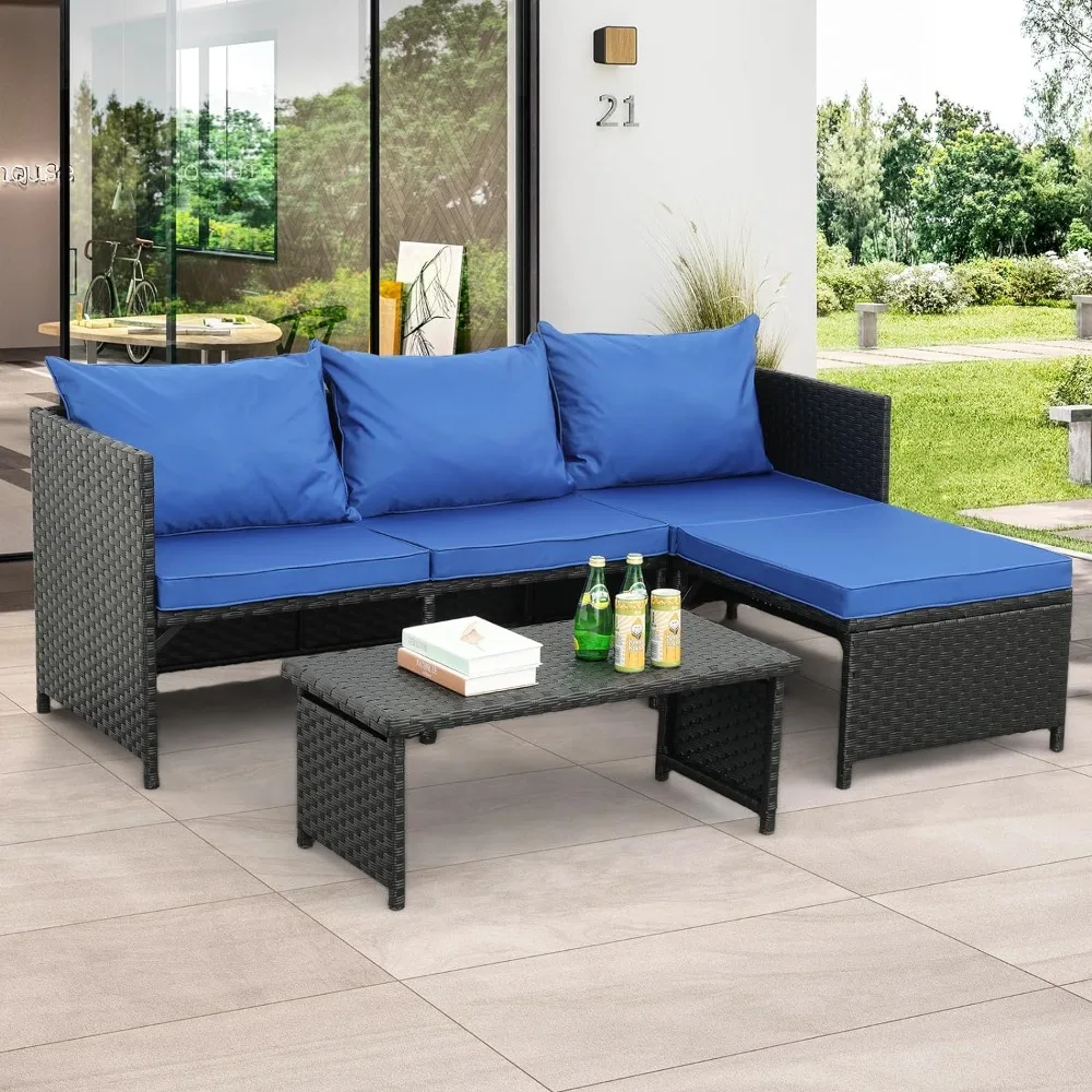 

Outdoor PE Rattan Furniture Set Patio Black Wicker Conversation Loveseat Sofa Sectional Couch Royal Blue Cushion