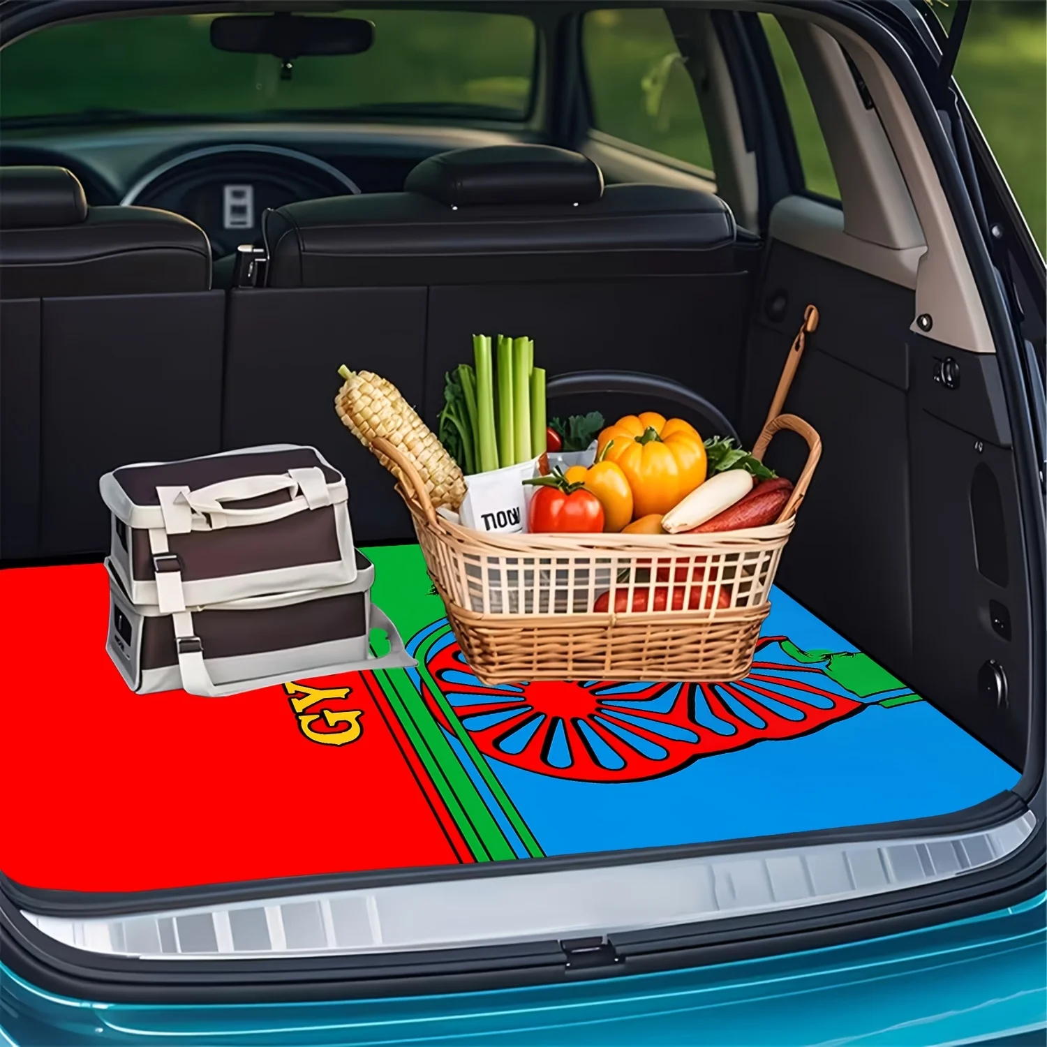 1pc Gypsy Style Car Trunk Mat, Red Floral Print Pattern, Essential For Travel, Universal Fit For Various Car Models, Interior Ca
