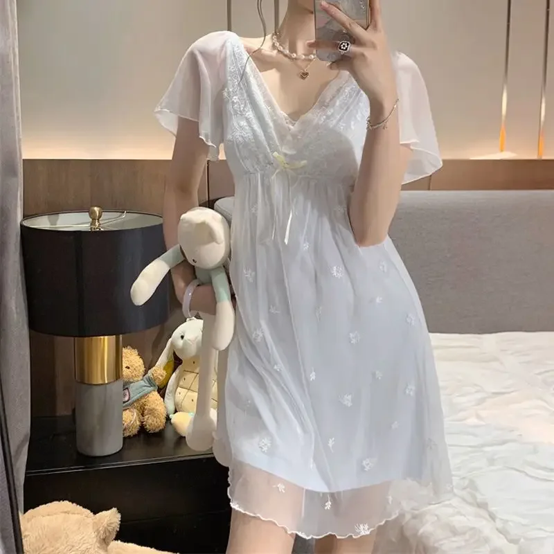 Nightgowns Women Lace Graceful Simple Daily Home Fashion Classics Elegant Vintage Korean Style Ladies All-match Casual Charming