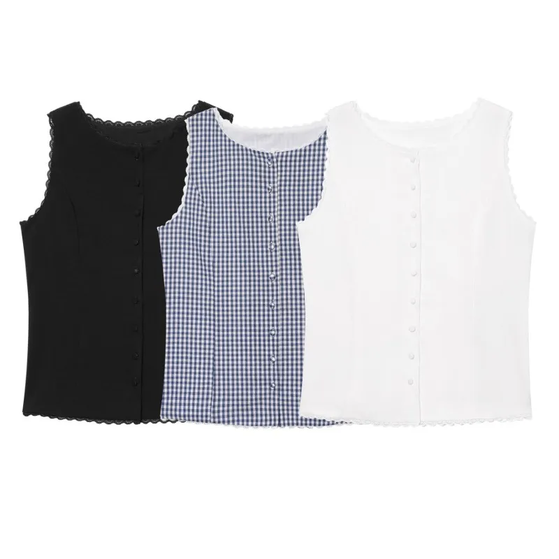 Single Breasted O-neck Vest Jacket Blue Checkered Blouse Coats Sleeveless French Elegant Women’s Casual Overcoats Lace Patchwork