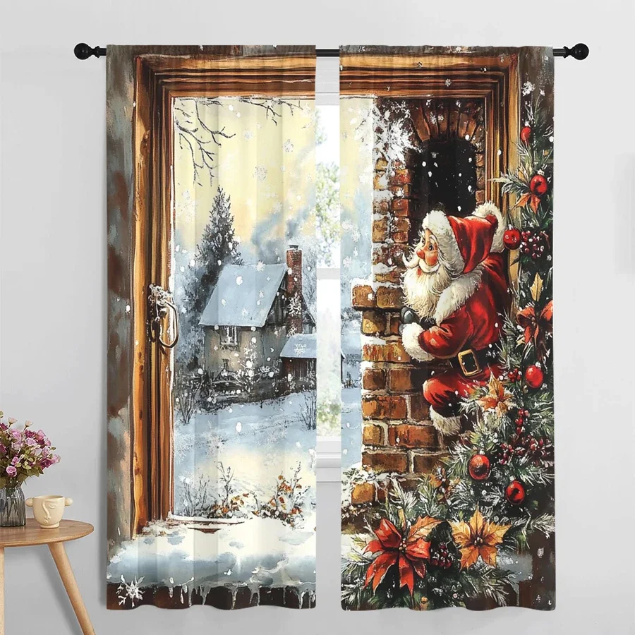 2PCS Santa Chimney Christmas Curtains, Window Frame Snowy Cottage Scene, Vintage Holiday Window Drapes for Bedroom Living Room