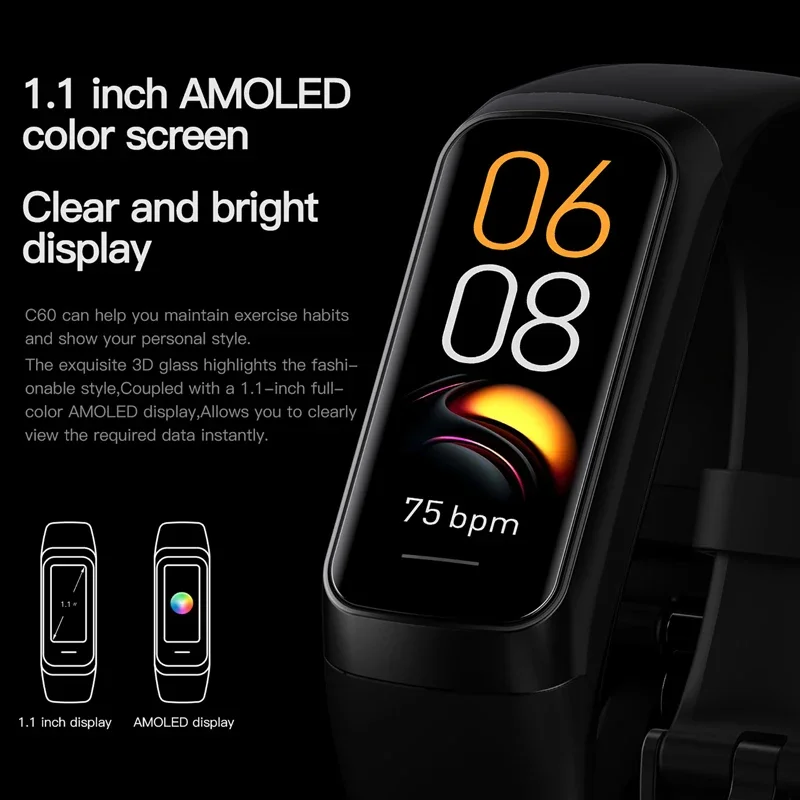 1.1 polegada amoled relógio inteligente banda smartwatch feminino monitoramento de freqüência cardíaca à prova dwaterproof água masculino pulseira inteligente esportes rastreador fitness