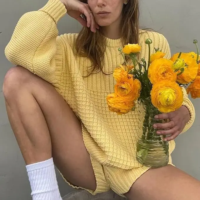 Suninheart 2024 Autumn and Winter Knitted Suit Sweet Solid Color Loose Sweater Sexy Slim Shorts Set