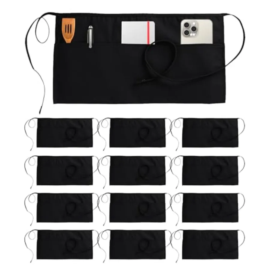 

Utopia Wear: Набор из 12 фартуков для персонала с 3 карманами, фартуки для официантов и официанток, женские фартуки с карманами, мужские короткие фартуки