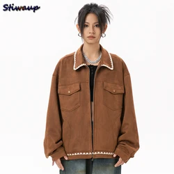 Women's Bomber Jacket Suede Fabric Jackets for Women 2024 Autumn New in Outerwears Couples Casual Cargo Jacket Outdoor Clothes