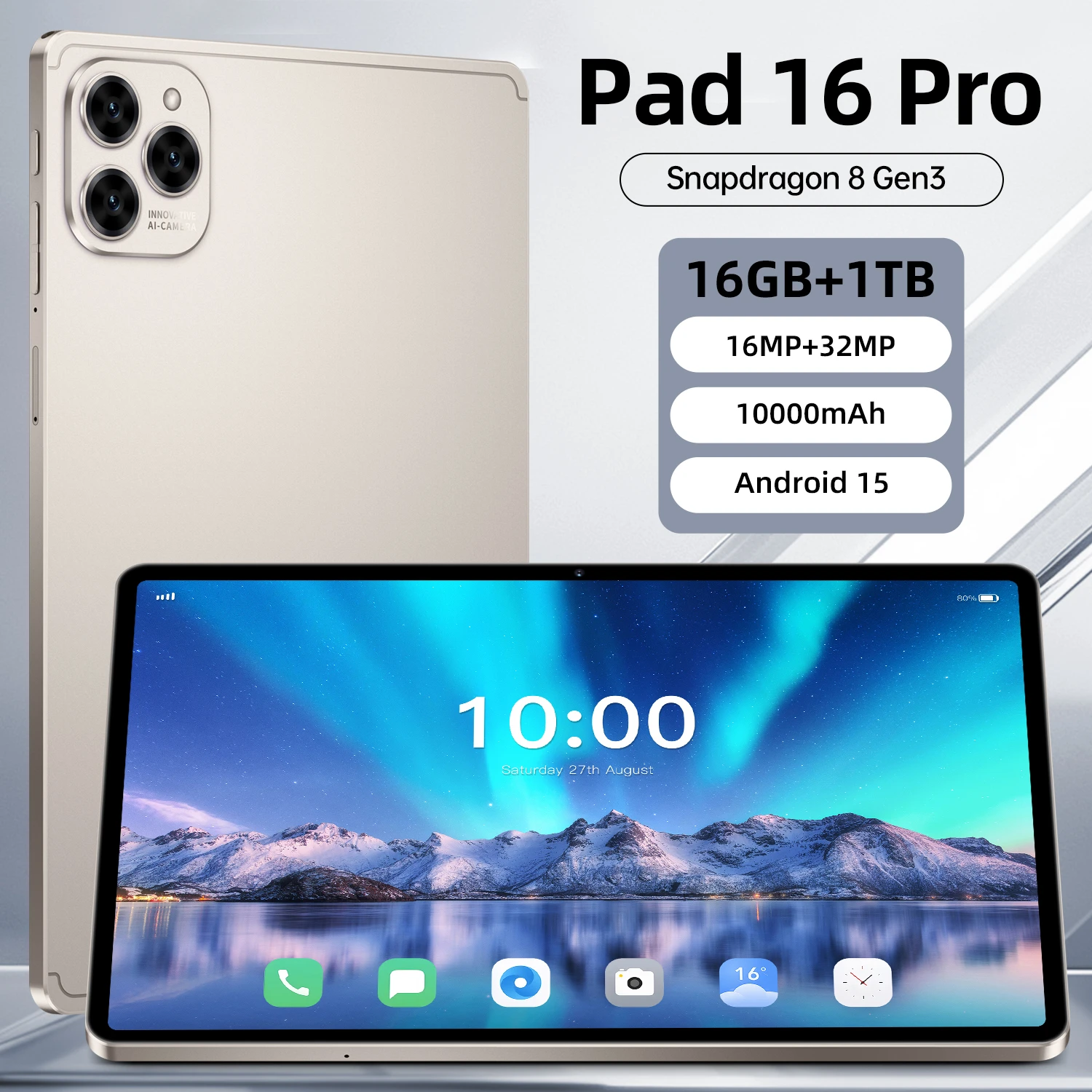 

2026 NEW Pad 16 Pro 10.1" HD Screen Snapdragon 8 Gen3 Android 15 16GB 1TB 5G Dual SIM 10000mAh 32MP Camera Type-C Tablet PC