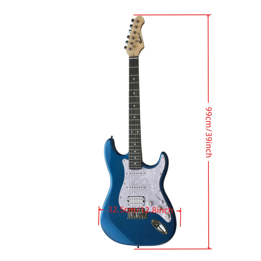 High-end metallic blue electric guitar with upgraded pearl pickguards and a single-single-double pickup configuration