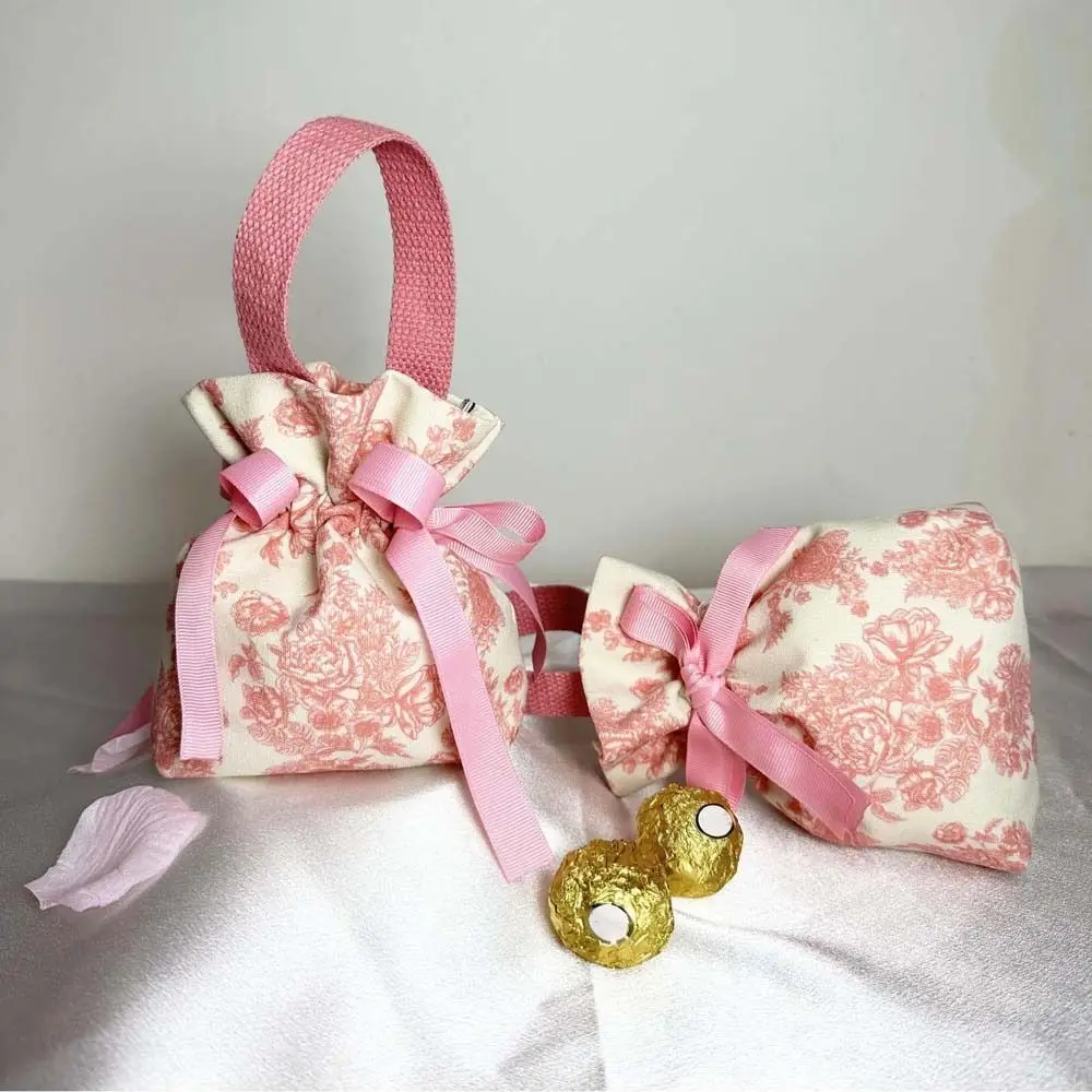 Satin Bow Canvas Floral Drawstring Bag Large Capacity Korean Style Ribbon Bowknot Handbag Coin Purse Wallet Bucket Bag