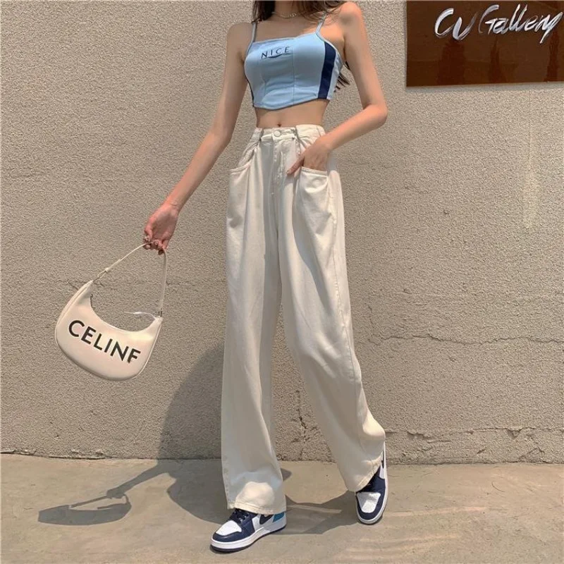 

Fashionable White High-Waisted Wide Leg Jeans for Women, Loose Vibe Style Pants Easily Matches with Any Outfits