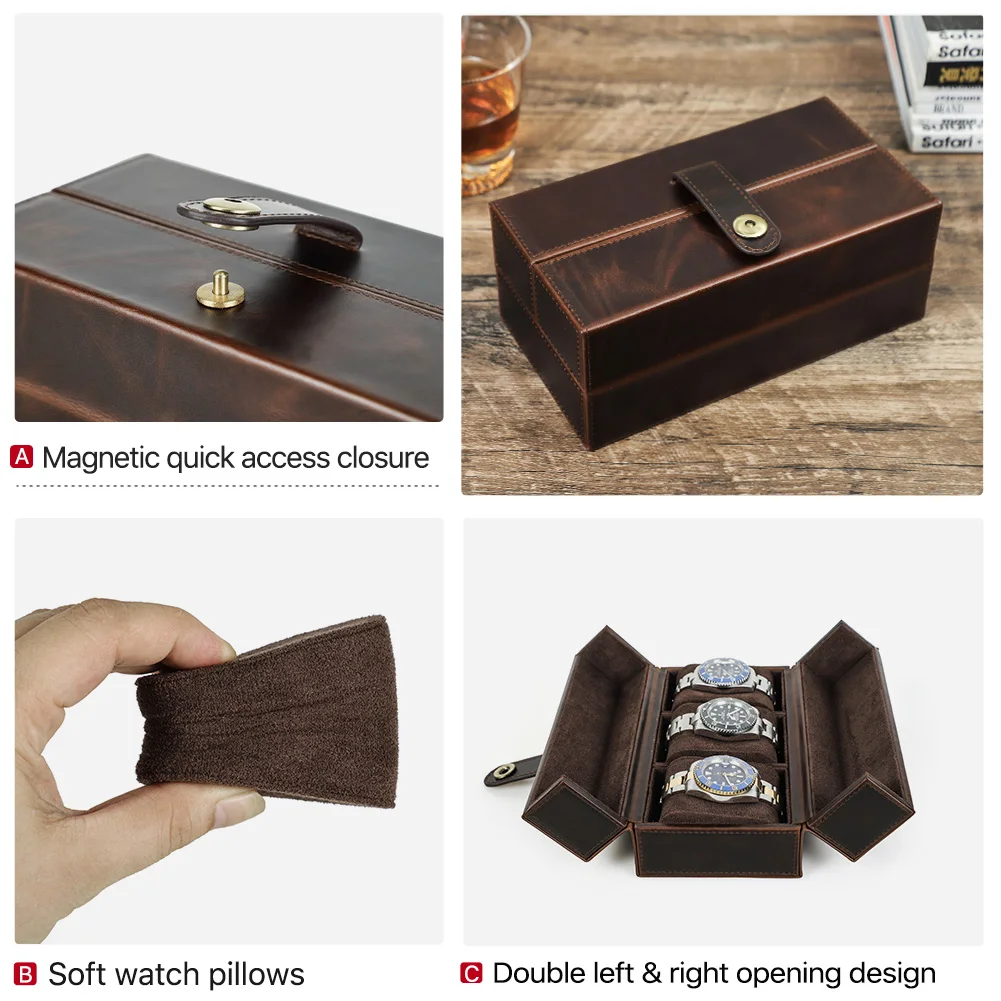 CONTACT\'S FAMILY Retro Genuine Leather Luxury 3 Slots Storage Case with Metal Button Travel Portablel Protectice Watch Holder