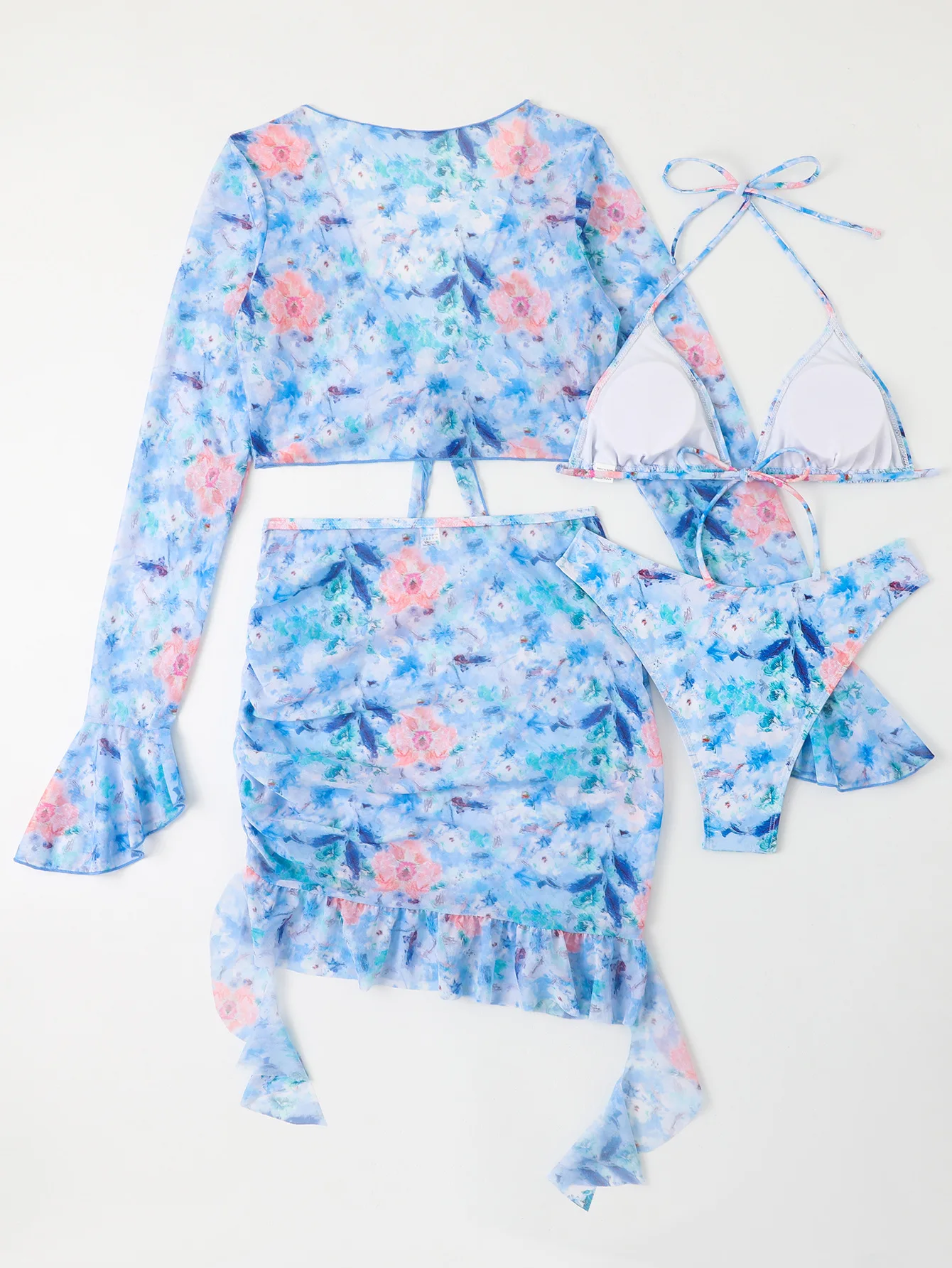 4-teiliges Bikini-Set für Damen, orangefarbener Blumendruck, lange Ärmel, Netzstoff, vertuscht, Rüschenrock, Badeanzug, 2022, sexy Badeanzug, Bademode