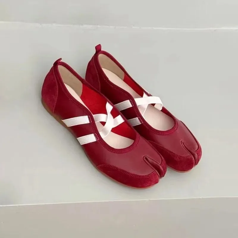 

New Soft Genuine Leather Red Mary Jane Shoes Ballet Split Toe Flat Shoes for Women