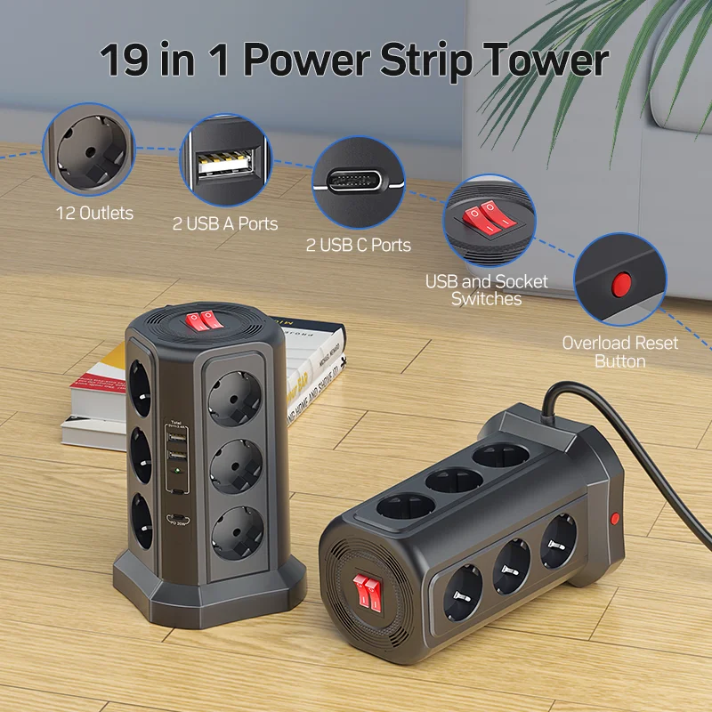 Eu 12-bit multi-socket power board 4000W16A, 2 USB A and 2 USB C ports, black model with 1.8M extension cable, top merge switch