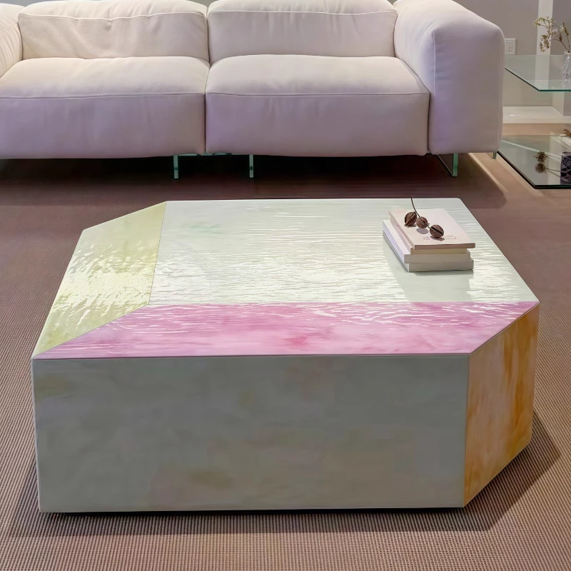 

Living room home coffee table light luxury high sense pink art tea table designer dopamine glass coffee table