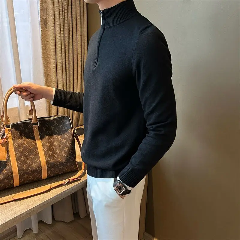 Luxury Autumn Fashion Stand Collar Sweater Men Long Sleeve Zip Slim Jumper Tops Spring Winter Knitted Sweaters Pullover Clothes