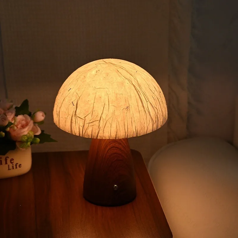Mushroom‑Shaped Rechargeable Table Lamp Rice Paper Shade Wood Grain Ceramic Base Ambient Night Light for Bedroom Living Room Use