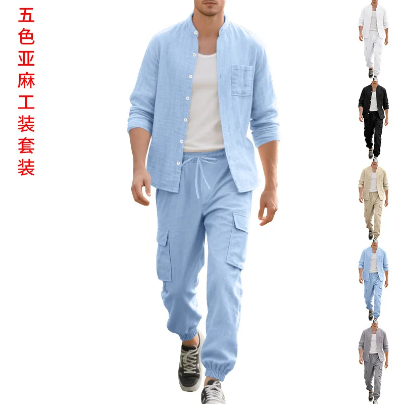 

Весенне-осенняя мужская свободная льняная простая повседневная рубашка с длинным рукавом и воротником-стойкой, комплект льняных брюк