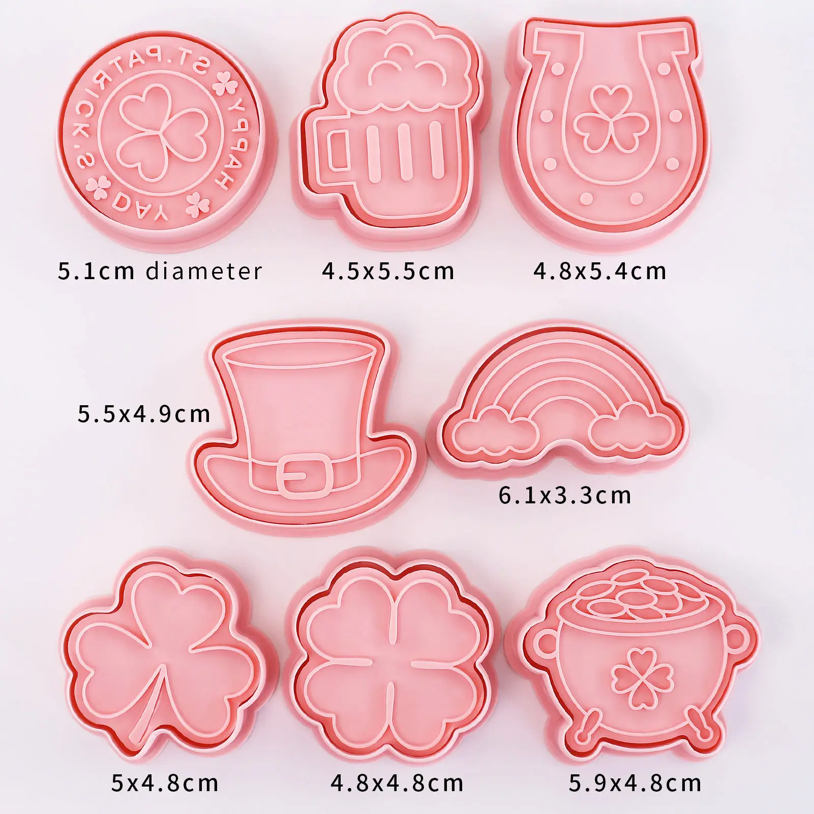 8pcs St. Patrick's Day Cookie Cutters 3D Shamrock, Four Leaf Clover, Horseshoe, Beer Mug, Rainbow, Top Hat Shape Biscuit Molds