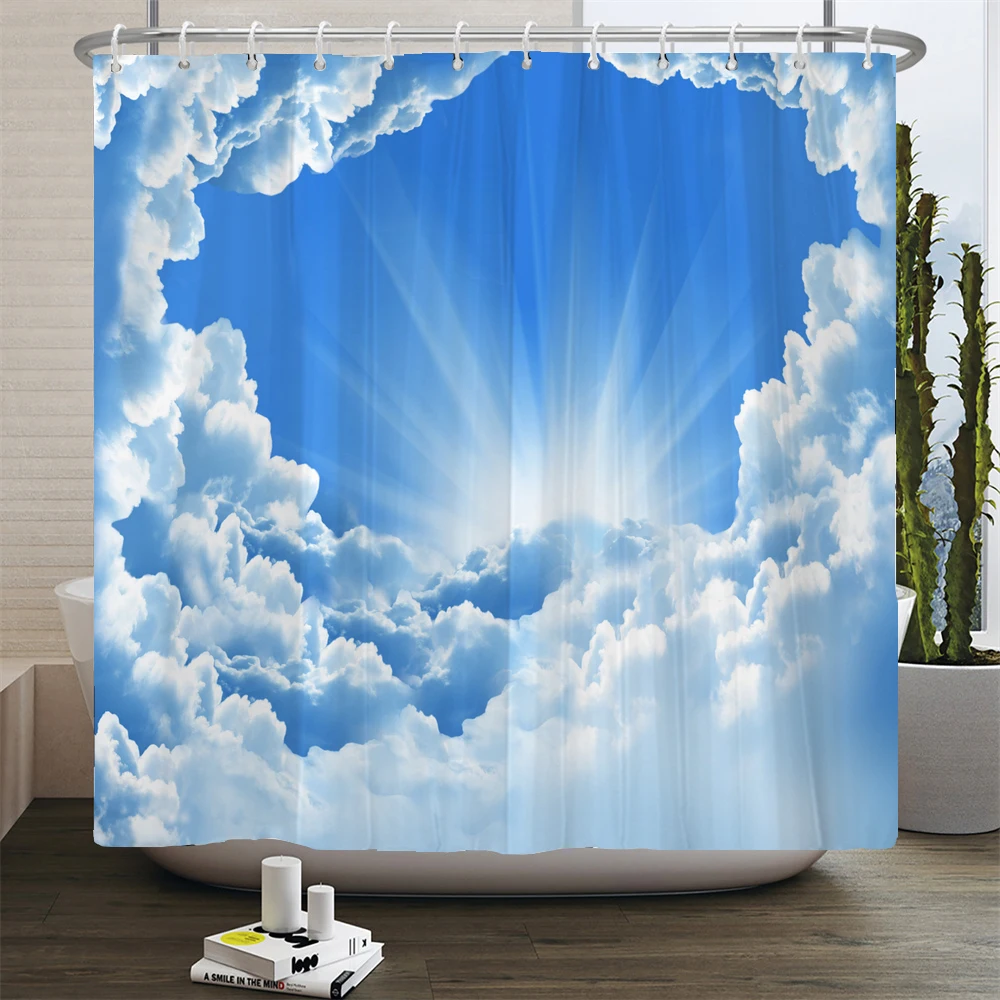 Blue Sky White Clouds Scenery Print Shower Curtain 3D Sunny Bathroom Curtains Set Bath Mats Toilet Cover Non-slip Rug Carpet