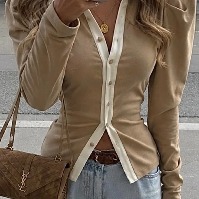 Chic Korean Style Long Sleeve T-Shirt Women's Early Autumn Bubble Sleeve Slimming Single Button Base Top Fashion Daily Fit Po...