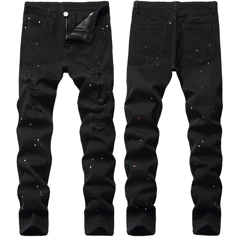 

Denim Jeans Hole Stretch Regular Fit Black Design Fashion Lacquer Long Pants Men's New Four Season Plus Size