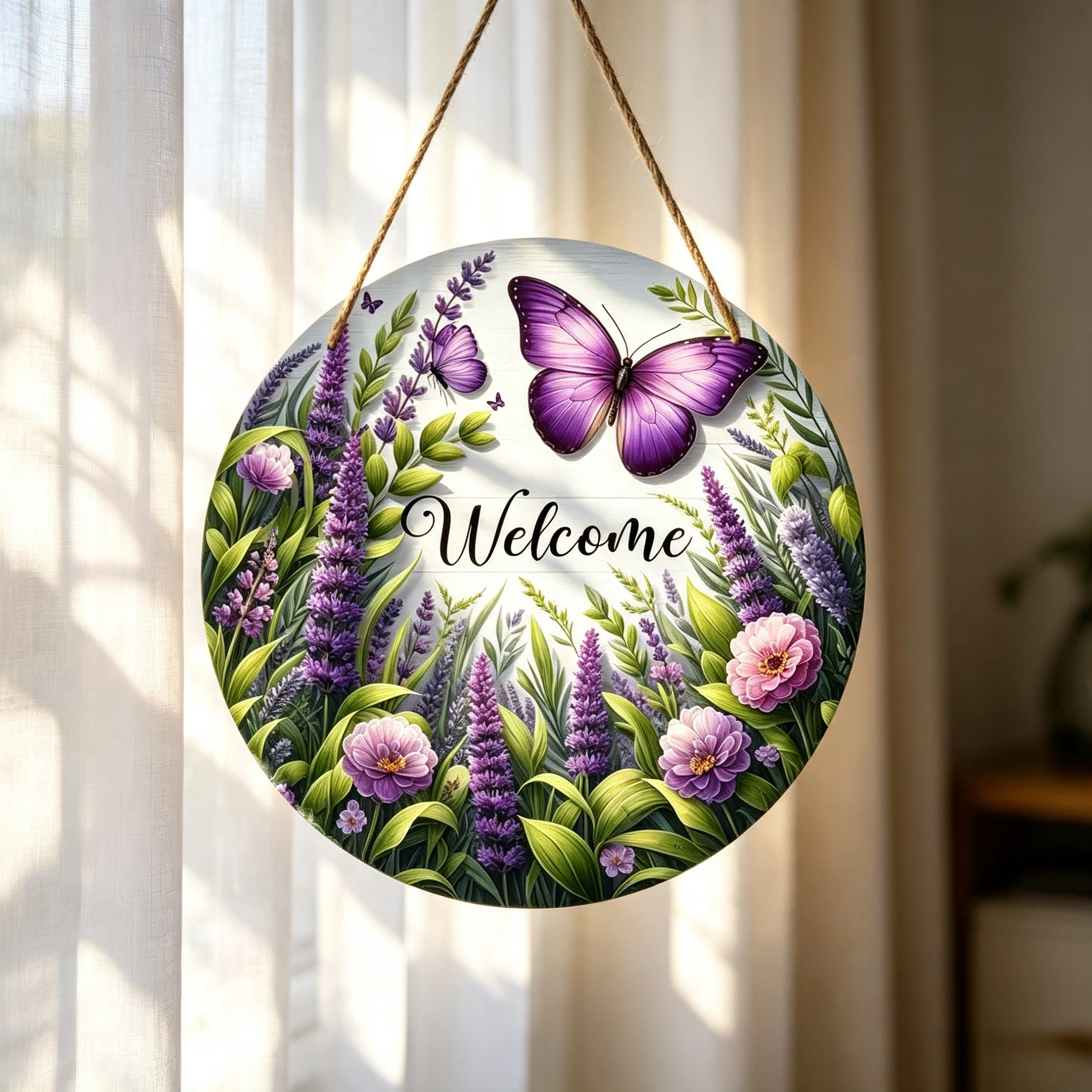 Floral Lavender Purple Butterfly Circular Welcome Sign Garden Wall Hanging Ornament