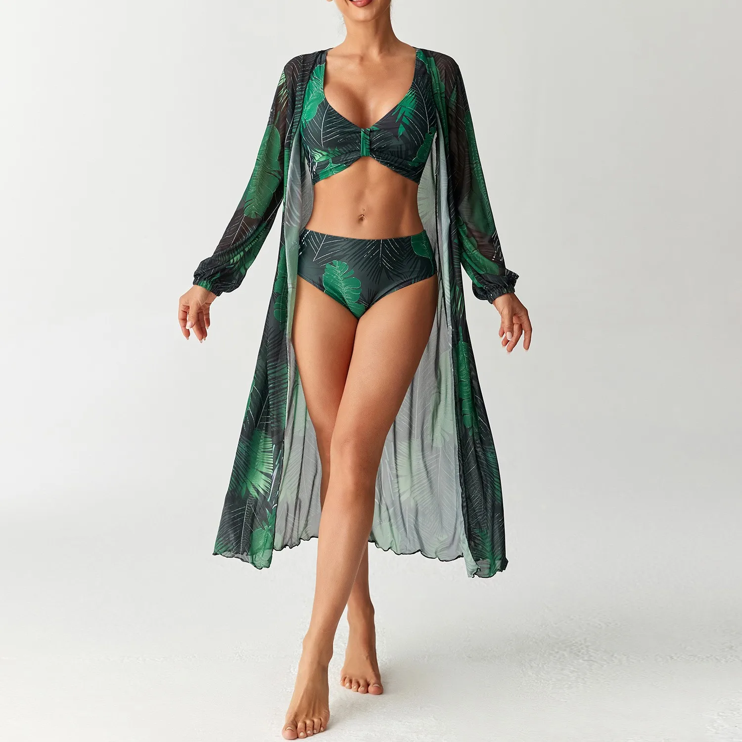 Women's 2026 Tankini Printed High Waist Long Sleeve Tankini Top Floral Print V Neck Swim Top Tropical Leaf Print Bikini Top