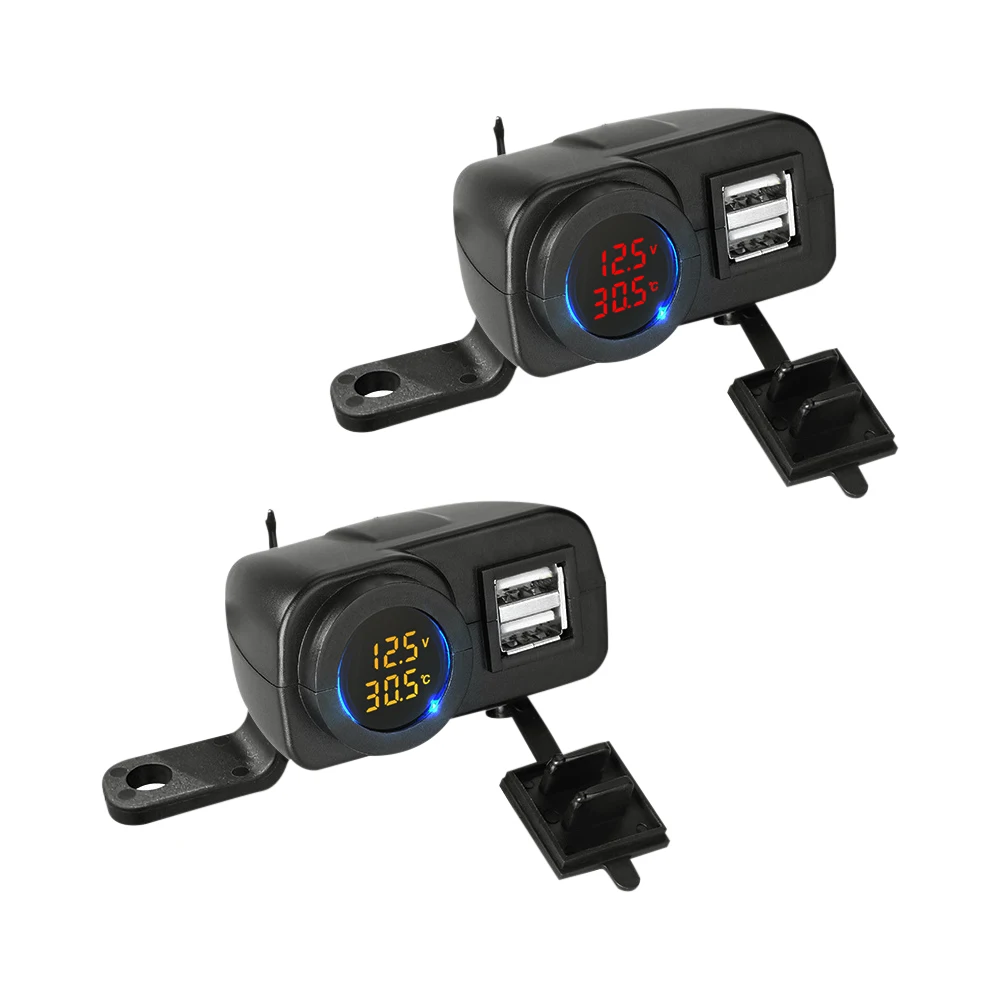 Pengisi daya USB ganda sepeda motor QC3.0, pengisian cepat dengan Voltmeter termometer tampilan Digital pengisi daya ponsel soket