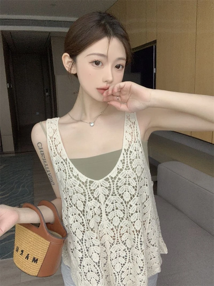 

Свитер-жилеты женские летние однотонные корейские трикотажные изделия в стиле ретро с v-образным вырезом без рукавов модные мягкие милые полые девушки уличный стиль