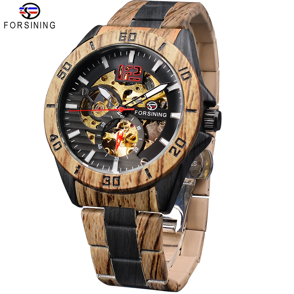 Forsining Top Luxury Brand Men's Skeleton Mechanical Watches Gear Movement Casual Fashion Wooden Patterns Strap Man Wristwatch