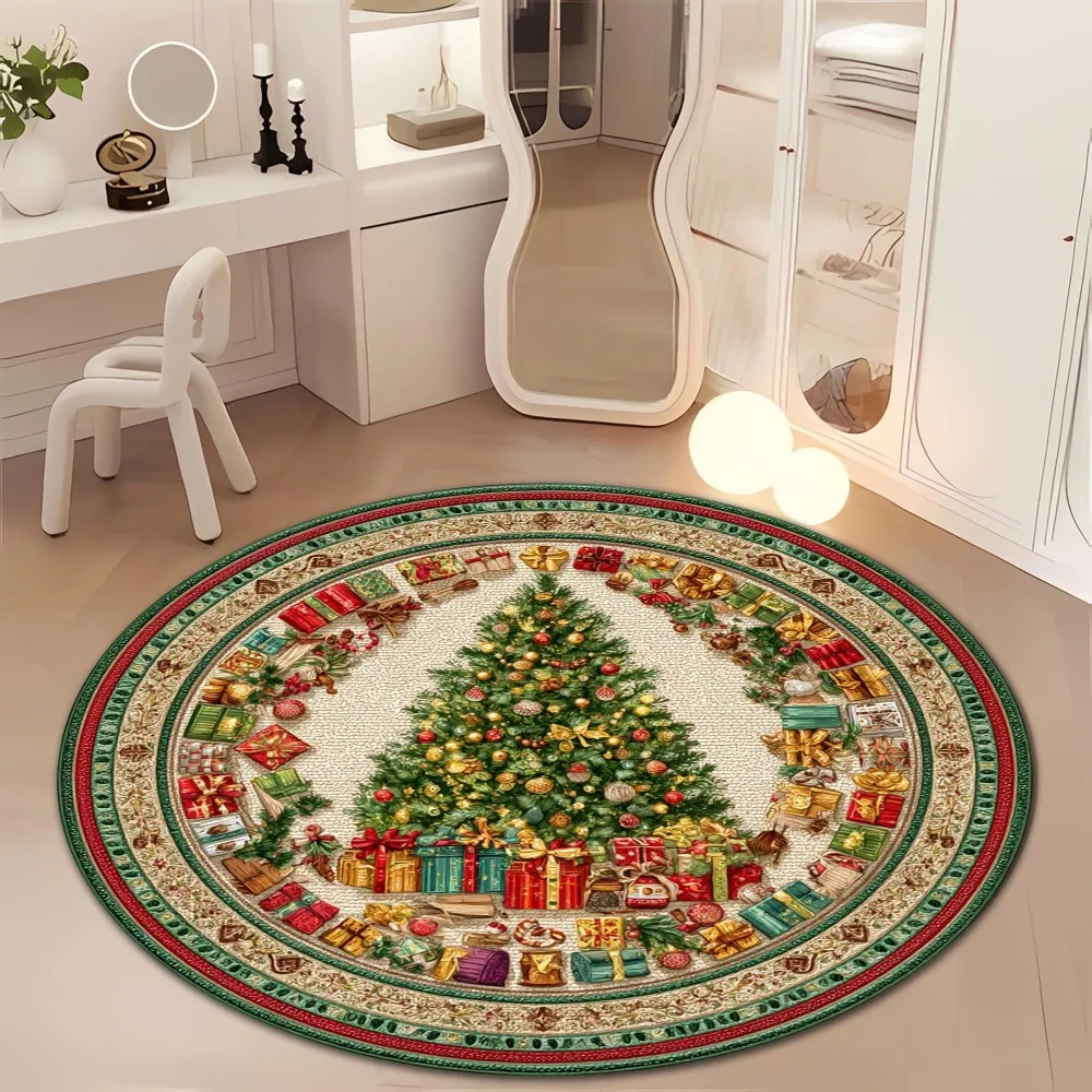 Christmas Round Area Rug Buffalo Plaid Snowman Tree Printed Circular Carpets Non Slip Washable Xmas Sofa Floor Decor Mat