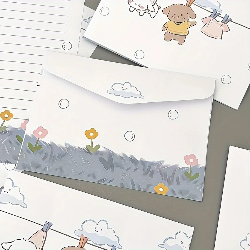 4 encantadores juegos de cachorros y letras florales con sobres: papelería creativa escrita a mano para estudiantes, vacaciones y cumpleaños.