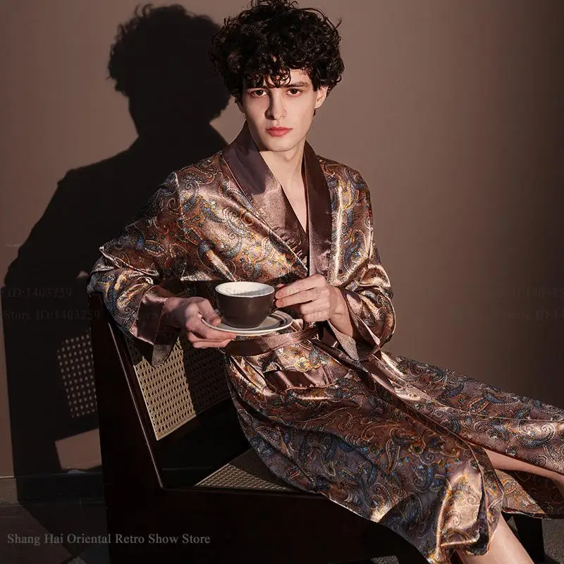 

New Men's Robe Pajama Print Kimono Bathrobe Gown Spring Summer Male Sleepwear Loungewear Loose Silk Satin Nightwear Homewear